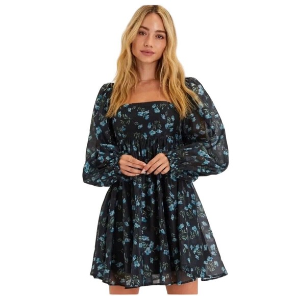 Lulus Dresses & Skirts - Lulus Black Blue Floral Print  Ballon Long Sleeve Babydoll Mini Dress Size XL